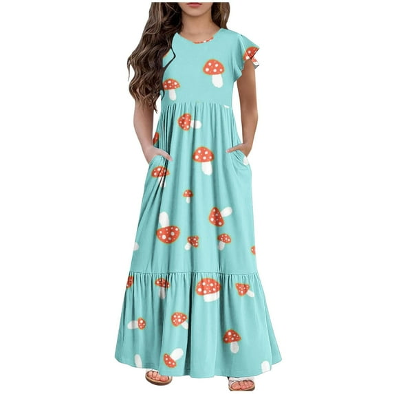 Atogsazn Girls Summer Maxi Dress Children's Ruffle Short Sleeve Crew Neck Dress Kids Loose Casual Flowy Tiered Dress 16-Sky Blue 12-13 Years on Clearance