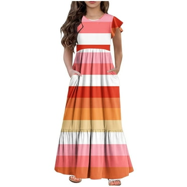 Atogsazn Girls Tiered Ruffle Dress Children's Striped Round Neck Maxi Dresses Beach Holiday Vacation Sundress 01-Orange 6-7 Years on Clearance