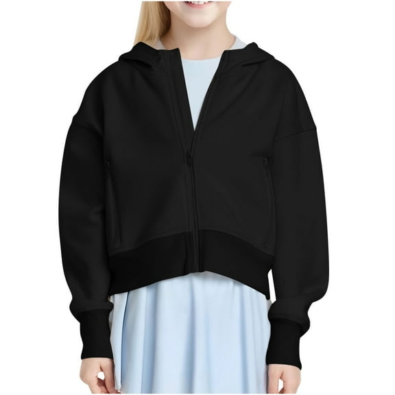 Atogsazn Girls Zip Up Cropped Hoodies Kids Fleece Long Sleeve Sweatshirt Fall Clothing with Pocket 02-Black 9-10 years Fashion