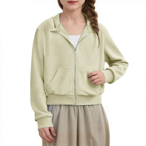 Atogsazn Girls Zip Up Cropped Hoodies Kids Fleece Sweatshirt Hoodie Long Sleeve Jacket Fall Clothing with Pocket 02-Beige 5-6 Years Fashion