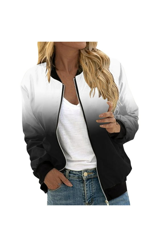 Gradient Jacket for Women Zip Up Lightweight Long Sleeve Jackets Casual Loose Coat Outwear with Pockets C-Gray M