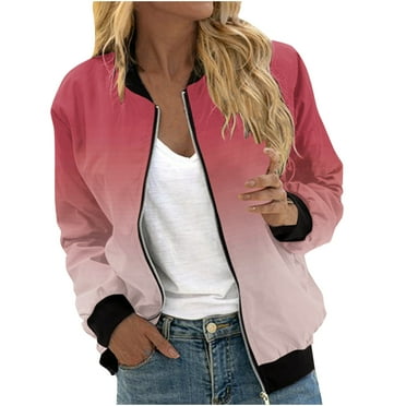 Atogsazn Gradient Jacket for Women Zip Up Lightweight Long Sleeve Jackets Casual Loose Coat Outwear with Pockets C-Pink XXL on Clearance