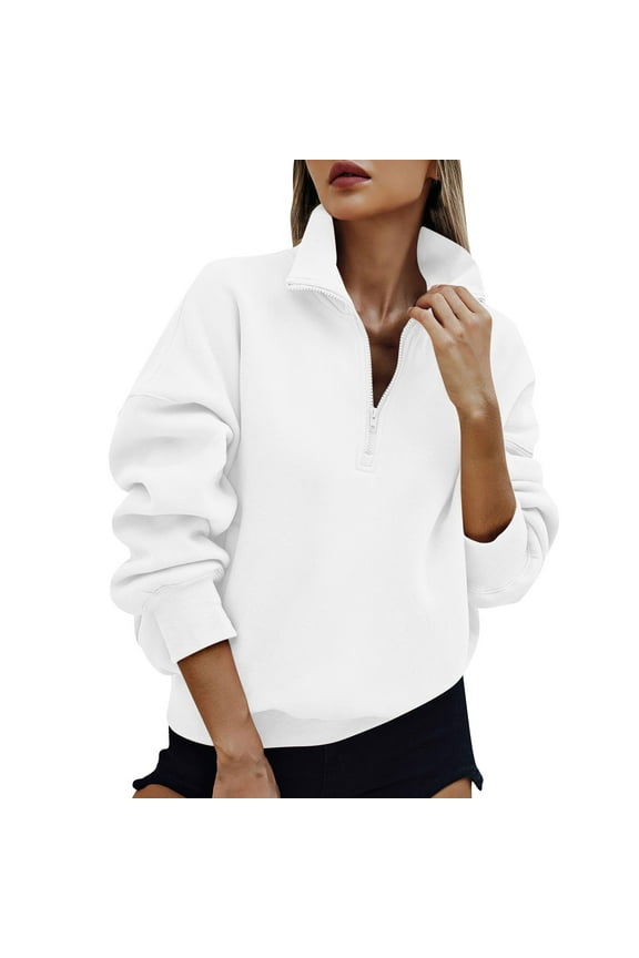 Half Zip Sweatshirt for Women Casual Oversized Long Sleeve Pullover Sweatshirts Fall Sweater Clothing Tops White M Fashion