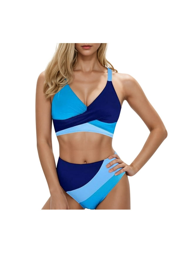 High Waisted Bikini Sets for Women 2 Piece Bathing Suit V Neck Ruched Swimsuits Bikinis Swimwear 02-Blue L