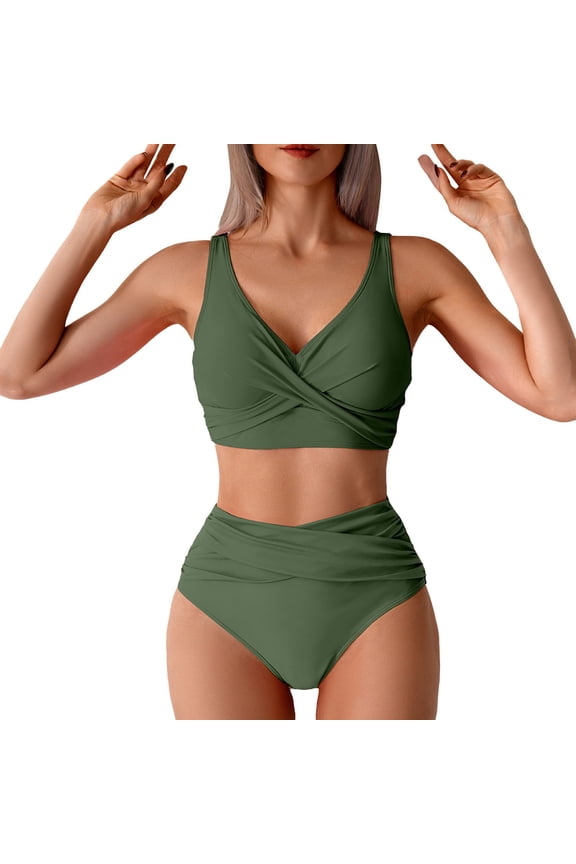 High Waisted Bikini Sets for Women 2 Piece Bathing Suit V Neck Ruched Swimsuits Bikinis Swimwear 03-Army Green XL