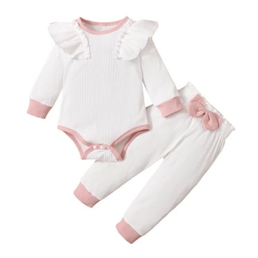 Atogsazn Infant Baby Girls Clothes Outfits Toddler Ruffles Long Sleeve Romper Bodysuit Pants Set Fall Winter Clothes B-White 3-6 Months on Clearance