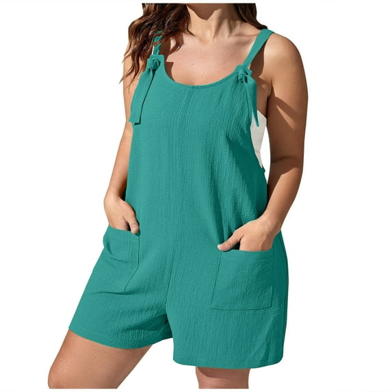 Atogsazn Jumpsuits for Women Casual Summer Plus Size Rompers Sleeveless Loose Spaghetti Strap Shorts Overalls Jumpers with Pockets Green XXXL on Clearance