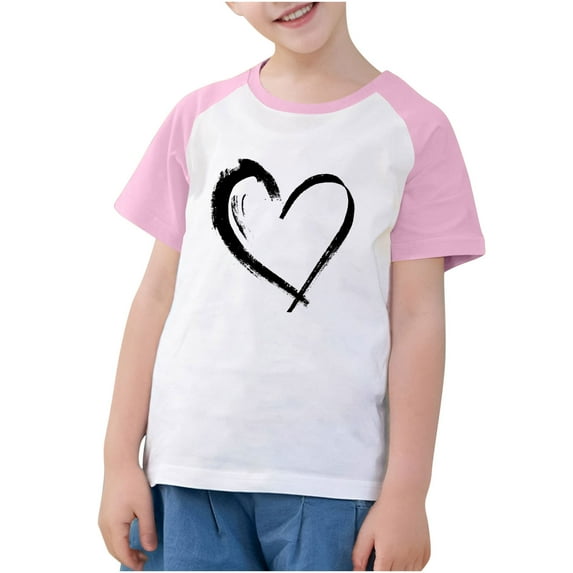 Atogsazn Kid Boy Girl Valentine's Day T Shirt Children Short Sleeve Pullover Tshirt Clothes Top Fashion 05-Pink 7-8 Years