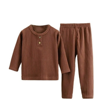 Atogsazn Kids Baby Boys Girls 2 Piece Sets Children's Striped Button Long Sleeve and Pants Set Home Clothes Coffee 8-15 Months on Clearance