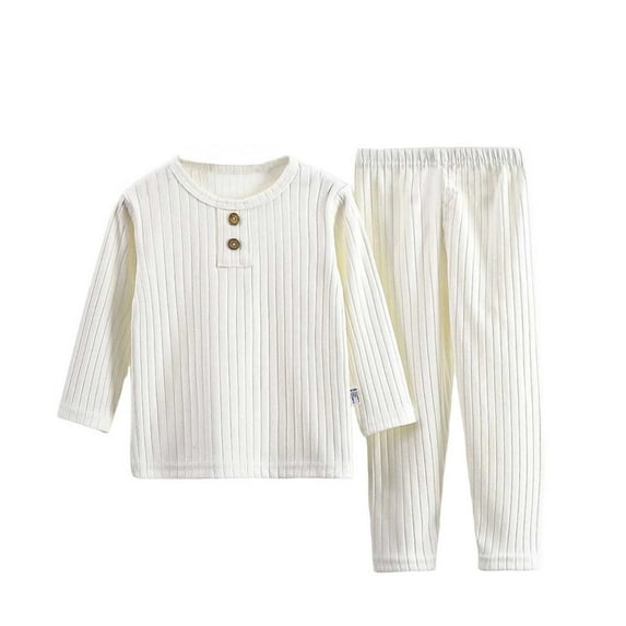 Atogsazn Kids Baby Boys Girls 2 Piece Sets Children's Striped Button Long Sleeve and Pants Set Home Clothes White 3-4 Years
