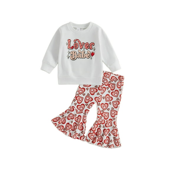 Atogsazn Kids Baby Girl Clothes Sweatshirts Outfit Sets Fall Cute Cotton Long Sleeve Tops+Love Printed Flared Pants Valentine's Day Set for 4Y Baby Red on Clearance