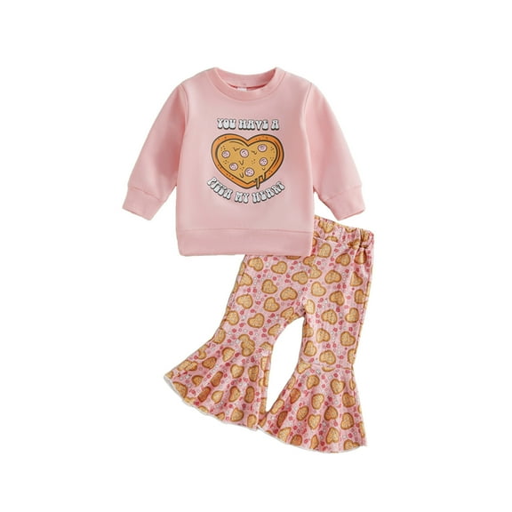 Atogsazn Kids Baby Girl Clothes Sweatshirts Outfit Sets Fall Cute Cotton Long Sleeve Tops+Love Printed Flared Pants Valentine's Day Set for 6M Baby Pink