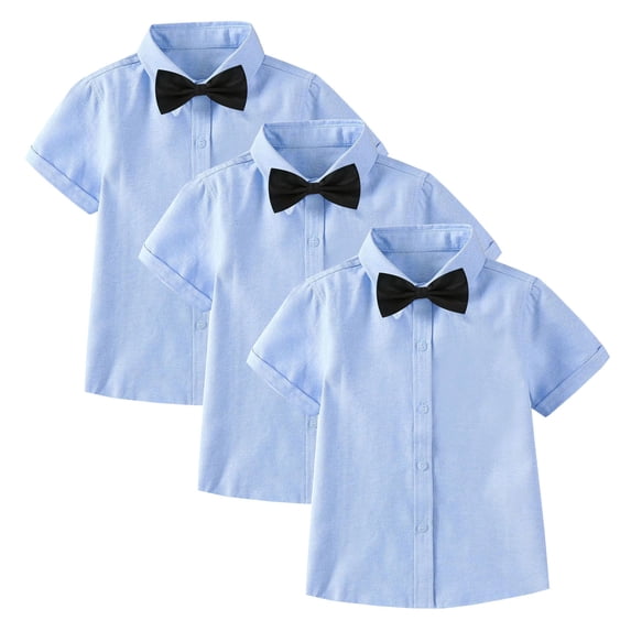 Atogsazn Kids Boys 3Pcs Button Up Shirts Children Dressy Casual Short Sleeve Shirt with Bow Tie School Summer Tee Blue 12-13 Years Fashion