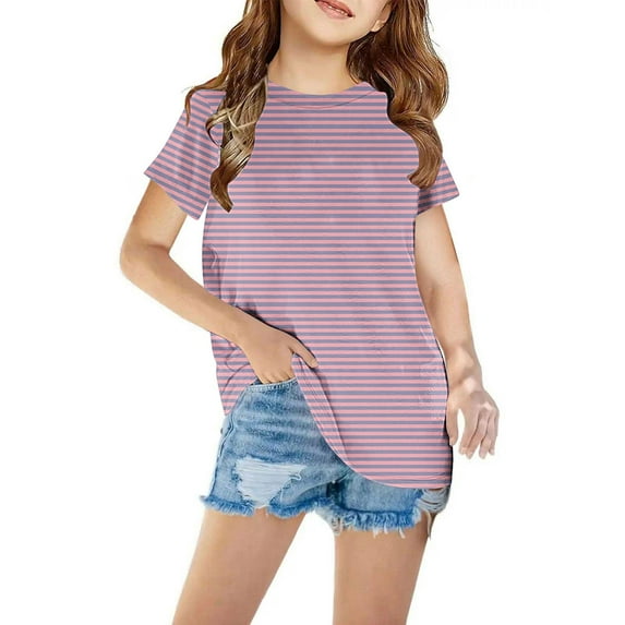 Atogsazn Kids Boys Girls Striped T Shirt Children Casual Short Sleeve Pullover T-shirt Fashion Clothes A-Pink 9-10 Years on Clearance