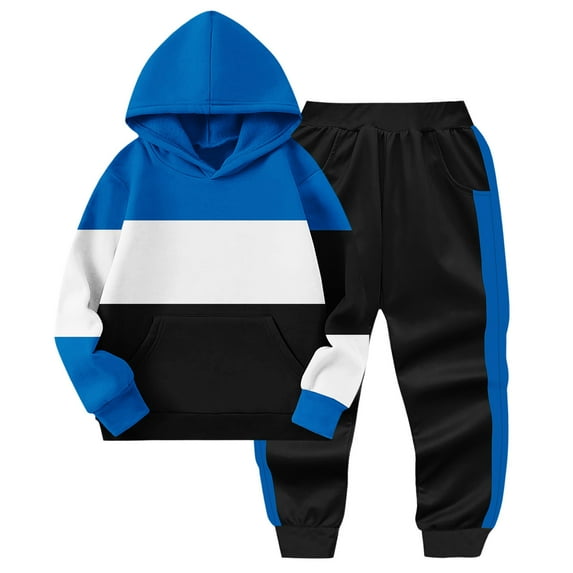 Atogsazn Kids Boys Jogger Sets Fleece Colorblock Long Sleeve Hoodies + Sweatpants Outfit for Boy Fall Clothing Blue 2-3 Years Fashion