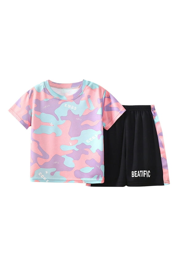 Kids Boys Jogger Track Suit Casual Crew Neck Short Sleeve Tshirt Shorts Outfit Summer Clothing Pink 2-3 Years Fashion