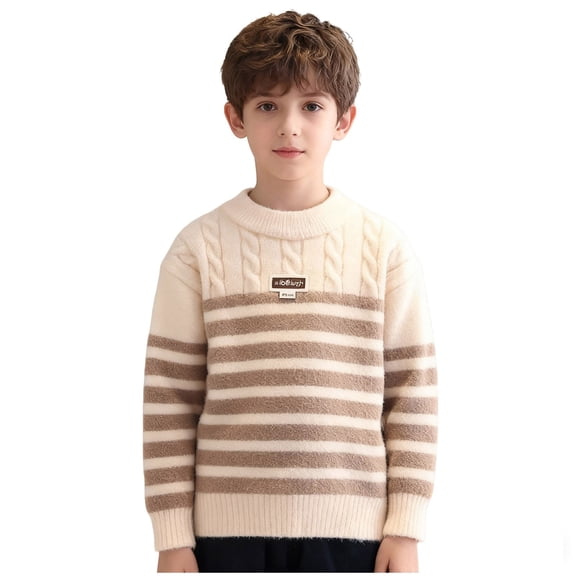 Atogsazn Kids Boys Knitted Sweater Children Casual Long Sleeve Pullover Sweater Thick Warm Soft Tops Clothing Outerwear Khaki 4-5Years Fashion
