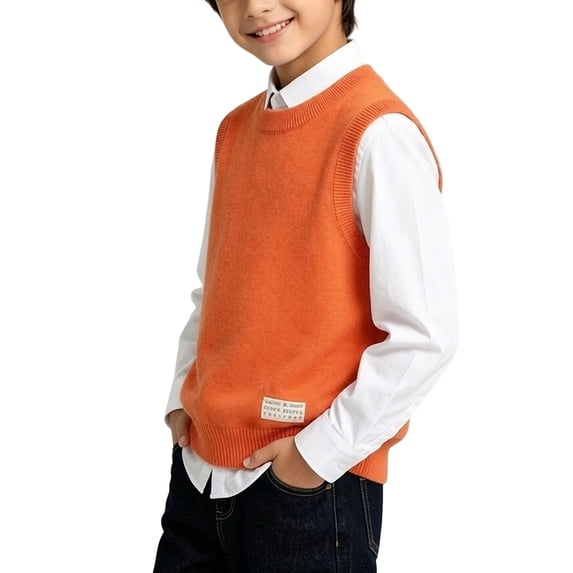 Atogsazn Kids Boys Knitted Sweater Childrens Casual Crew Neck Sleeveless Vest Fall Winter Tops Clothes Orange 14-15 Years Fashion