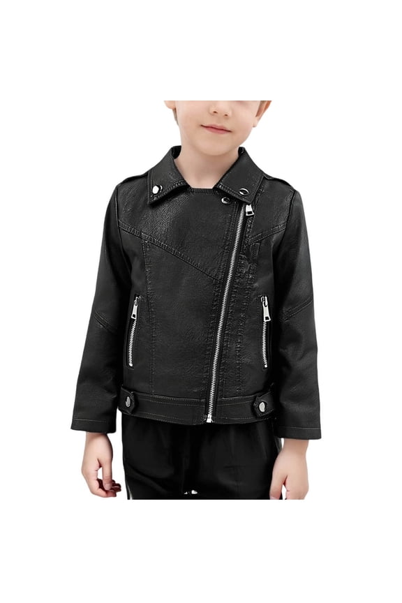 Kids Boys Leather Jacket Children Casual Zip Up Long Sleeve Coat Outerwear Tops Clothing with Pocket 03-Black 4-5 Years Fashion