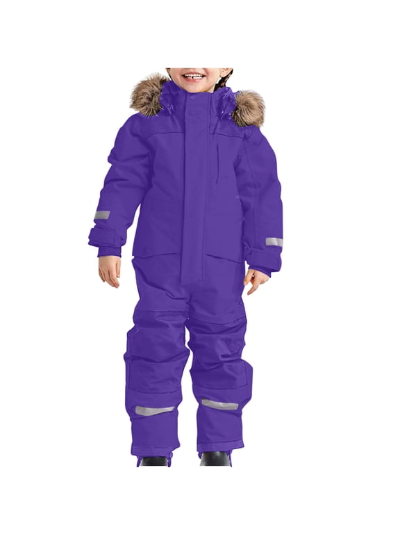 Kids Boys One-Piece Patchwork Snowsuit Childrens Full Zip Hooded Jumpsuit Windproof Winter Ski Set Purple 1-2 Years Fashion