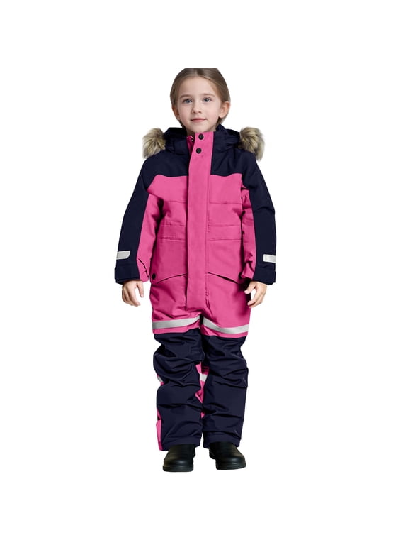 Kids Boys One-Piece Patchwork Snowsuit Childrens Winter Ski Outfit Hooded Windproof Puffer Jumpsuit Hot Pink 3-4 Years Fashion