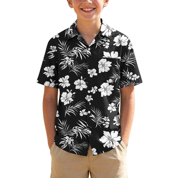 Atogsazn Kids Boys Summer Hawaiian Shirt Children Casual Button Up Short Sleeve Shirts Loose Fit Tops Black 14-15 Years Fashion