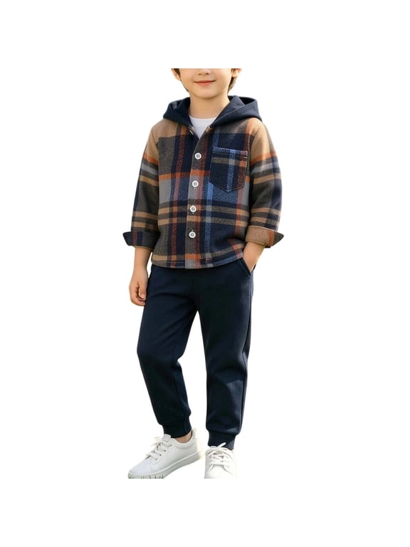 Kids Boys Two Piece Clothes Set Childrens Plaid Button Shirt with Hooded & Jogger Sweatpant Outfit Fall Tops Dark Gray 3-6 Months Fashion