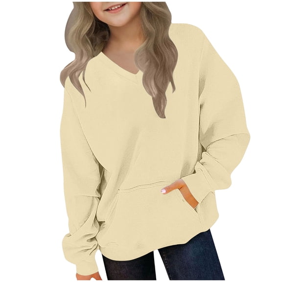 Atogsazn Kids Boys V Neck Sweatshirt Children's Casual Long Sleeve Pullover Sweatshirts Loose Fit Tops Clothing 03-Beige 5-6 Years Fashion