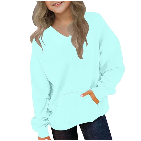 Atogsazn Kids Boys V Neck Sweatshirt Children's Casual Long Sleeve Pullover Sweatshirts Loose Fit Tops Clothing 03-Light Blue 3-4 Years Fashion