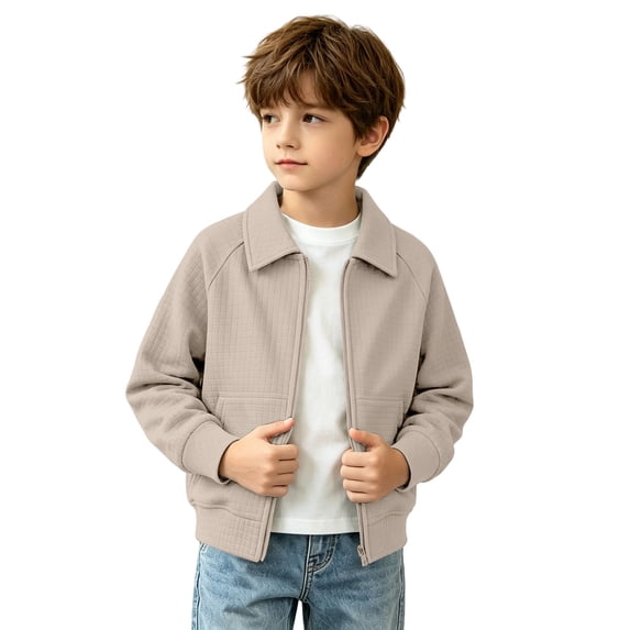 Atogsazn Kids Boys Waffle Full Zip Hoodies Childrens Casual Long Sleeve Collared Jacket Fall Winter Tops Outerwear Khaki 7-8 Years Fashion