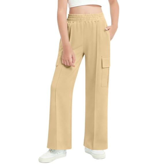Atogsazn Kids Boys Wide Leg Cargo Sweatpant Children Casual Elastic Waist Sweatpants High Waisted Pants With Pocket 01-Khaki 8-9Years Fashion