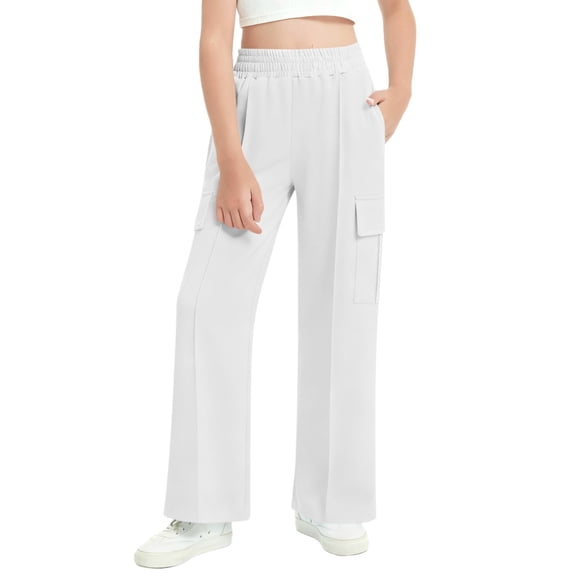 Atogsazn Kids Boys Wide Leg Cargo Sweatpant Children Casual Elastic Waist Sweatpants High Waisted Pants With Pocket 01-White 5-6Years Fashion