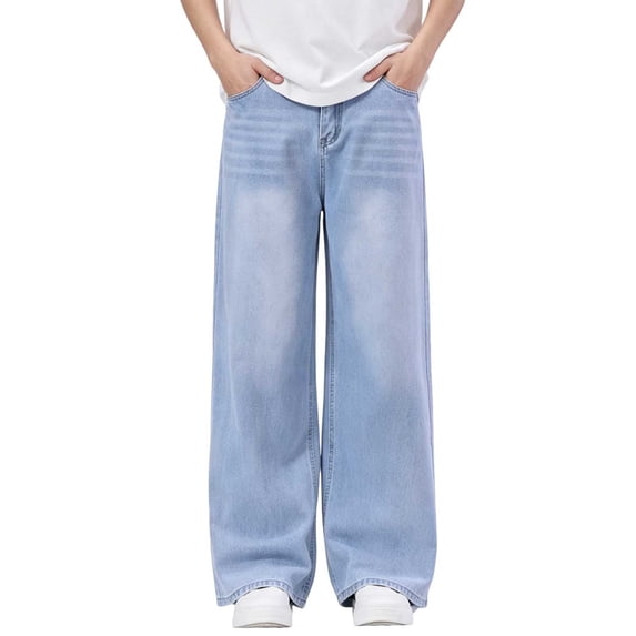 Atogsazn Kids Boys Wide Leg Jeans Childrens Casual Loose Fit Lightweight Denim Pants with Pocket Trouser Blue 16-17 Years Fashion