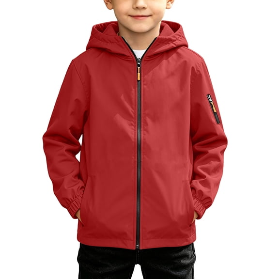 Atogsazn Kids Boys Windproof Raincoat Childrens Casual Full Zip Long Sleeve Hooded Jacket Lightweight Tops Clothes Red 8-9 Years Fashion