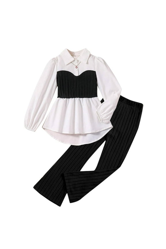 Kids Causal Spring Fall Clothes Set Girls Lantern Long Sleeve T Shirts and Pants 2 Piece Outfits Black 12-14 Years