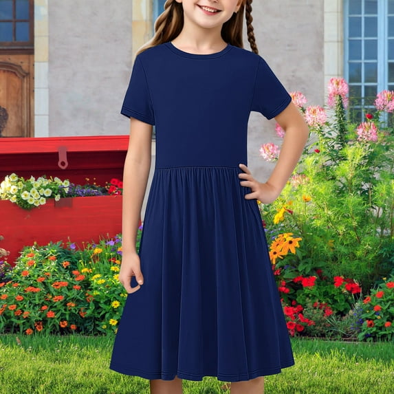 Atogsazn Kids Girl A-Lined Dress Children Casual Ruffle Short Sleeve Flowy Dresses Clothes for Girls 02-Navy 13-14 Years