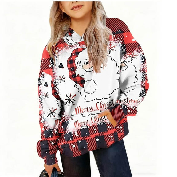 Atogsazn Kids Girl Christmas Oversized Hoodies Children Fleece Graphic Long Sleeve Pullover Sweatshirt Fall Winter Clothes Wine 9-10 Years Fashion