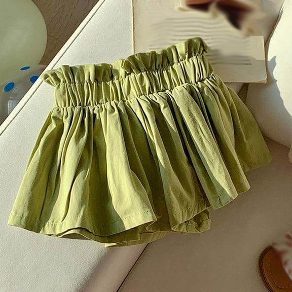 Atogsazn Kids Girl Cotton Shorts Children Casual Elastic Waist Ruffle Skirt Fashion Solid Color Short Pants Army Green 3-4 Years