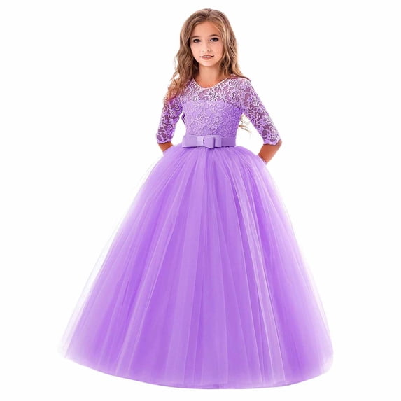 Atogsazn Kids Girl Wedding Dress Children's Lace Long Sleeve Mesh Dresses Birthsday Clothes Outfits A-Purple 7-8 Years
