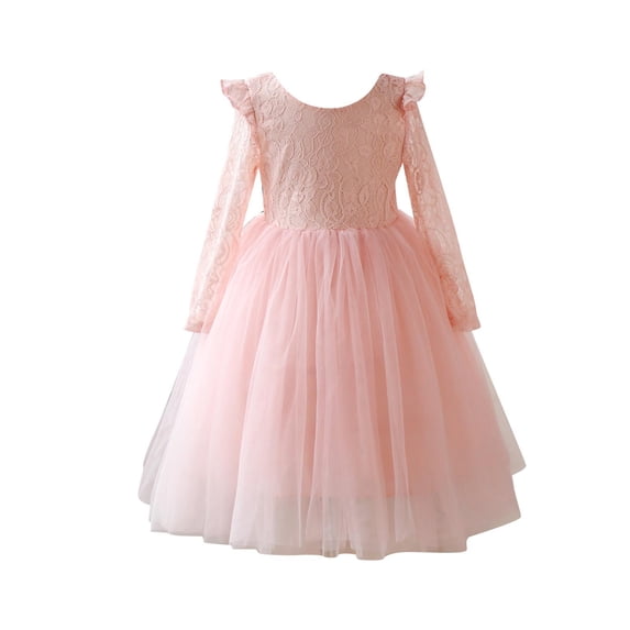 Atogsazn Kids Girl Wedding Dress Children's Lace Long Sleeve Mesh Dresses Birthsday Clothes Outfits C-Pink 6-9 Months
