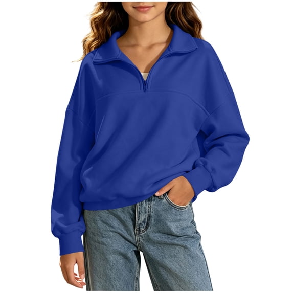 Atogsazn Kids Girls 1/4 Zipper Sweatshirt Childrens Oversized Long Sleeve Sweatshirts Fleece Casual Pullover Top Blue 5-6 Years Fashion