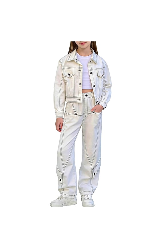 Kids Girls 2 Piece Denim Clothes Set Children Button Down Long Sleeve Jacket Wide Leg Jeans Outfit White 3-4Years Fashion