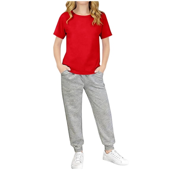 Atogsazn Kids Girls 2 Piece Jogger Clothes Set Children Casual Short Sleeve T-shirt Sweatpant Outfit Clothing 02-Red 3-4 Years Fashion