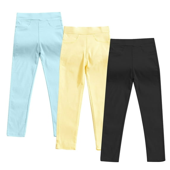 Atogsazn Kids Girls 3PC Elastic Waistband Solid Color Skinny Long Pants with Pockets Casual Outdoor Leggings 06-Yellow 4-5 Years