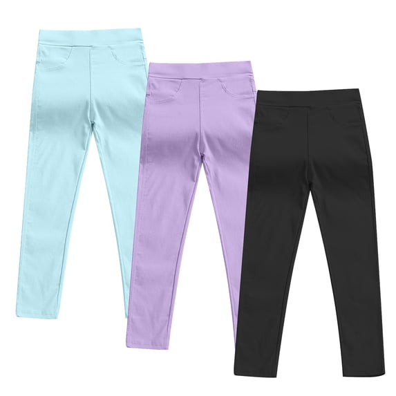 Atogsazn Kids Girls 3PC Elastic Waistband Solid Color Skinny Long Pants with Pockets Casual Outdoor Leggings 07-Purple 6-7 Years