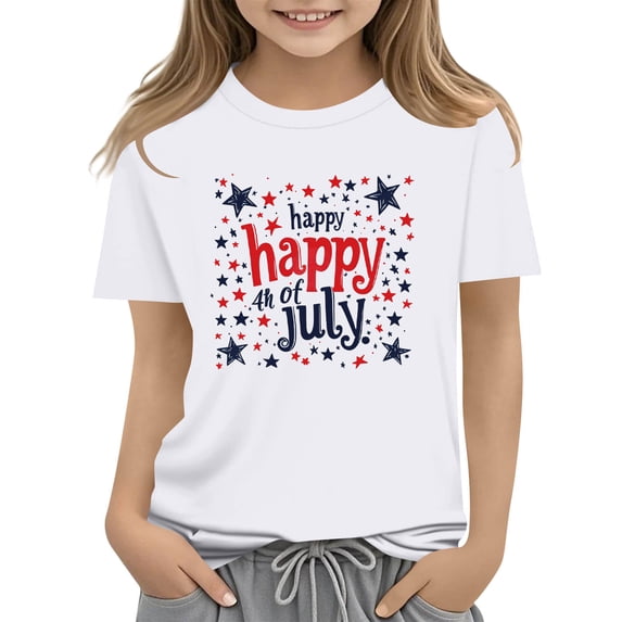 Atogsazn Kids Girls 4th of July T-Shirt Childrens Casual Short Sleeve Loose Fit T-shirt Tunic Tee Tops White 4-5 Years Fashion