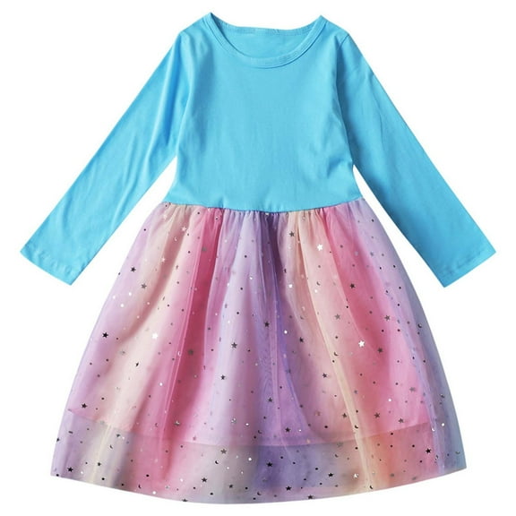 Atogsazn Kids Girls Birthsday Dress Children Crewneck Long Sleeve Dresses Fall Winter Clothes Fashion Light Blue 2-3 Years