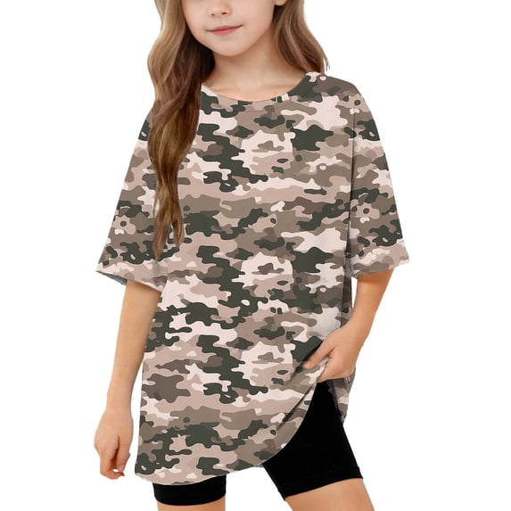 Atogsazn Kids Girls Camouflage Oversized Tshirt Children Casual Baggy Short Sleeve Pullover T-shirt Loose Fit Tee Tops Brown 8-9 Years Fashion