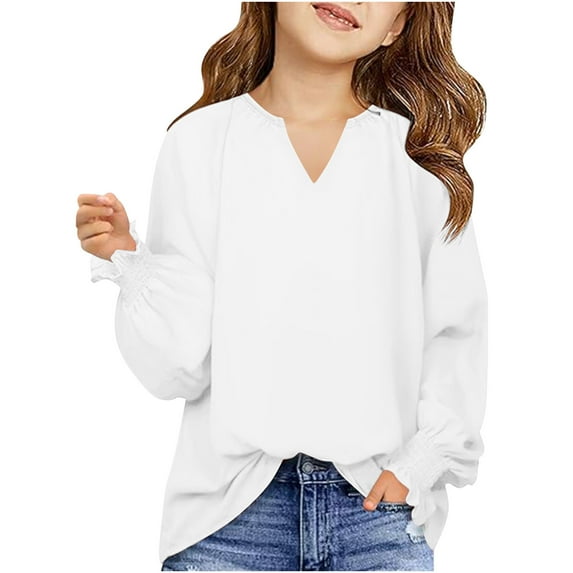 Atogsazn Kids Girls Casual Shirt Children Loose V Neck Long Sleeve Pullover Shirts Spring Fall Clothing White 14-16 Years