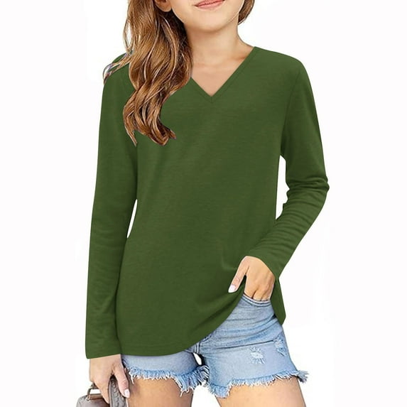 Atogsazn Kids Girls Casual Shirt Children Loose V Neck Long Sleeve Shirts Fashion Solid Color Lightweight Clothes 02-Green 5-6 Years